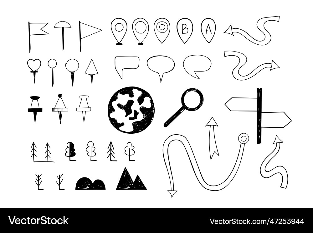 Hand-drawn map pointers set of navigation pins Hand-drawn map pointers set of navigation pins Vector Image