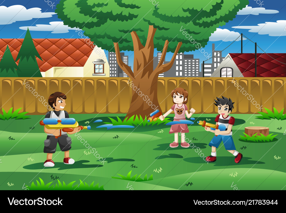 Kinder spielen mit Wasserpistole im Hinterhof Kinder spielen mit Wasserpistole im Hinterhof vektorbild