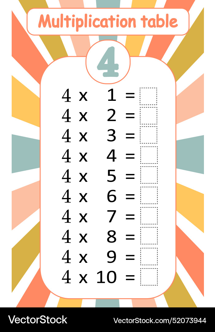 Multiplication table by 4 with a task to consolida Vector Image