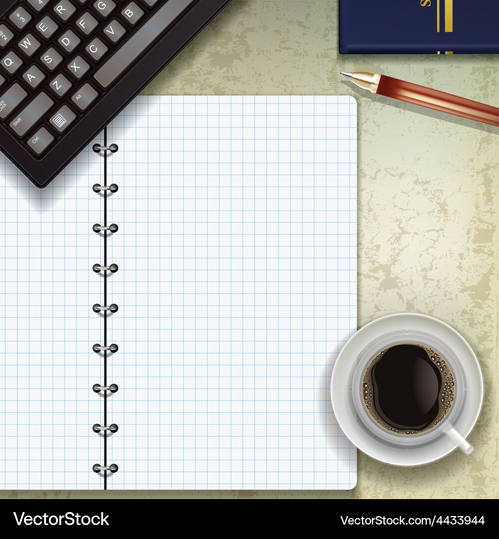 Office desk with keyboard coffee and notepad vector image
