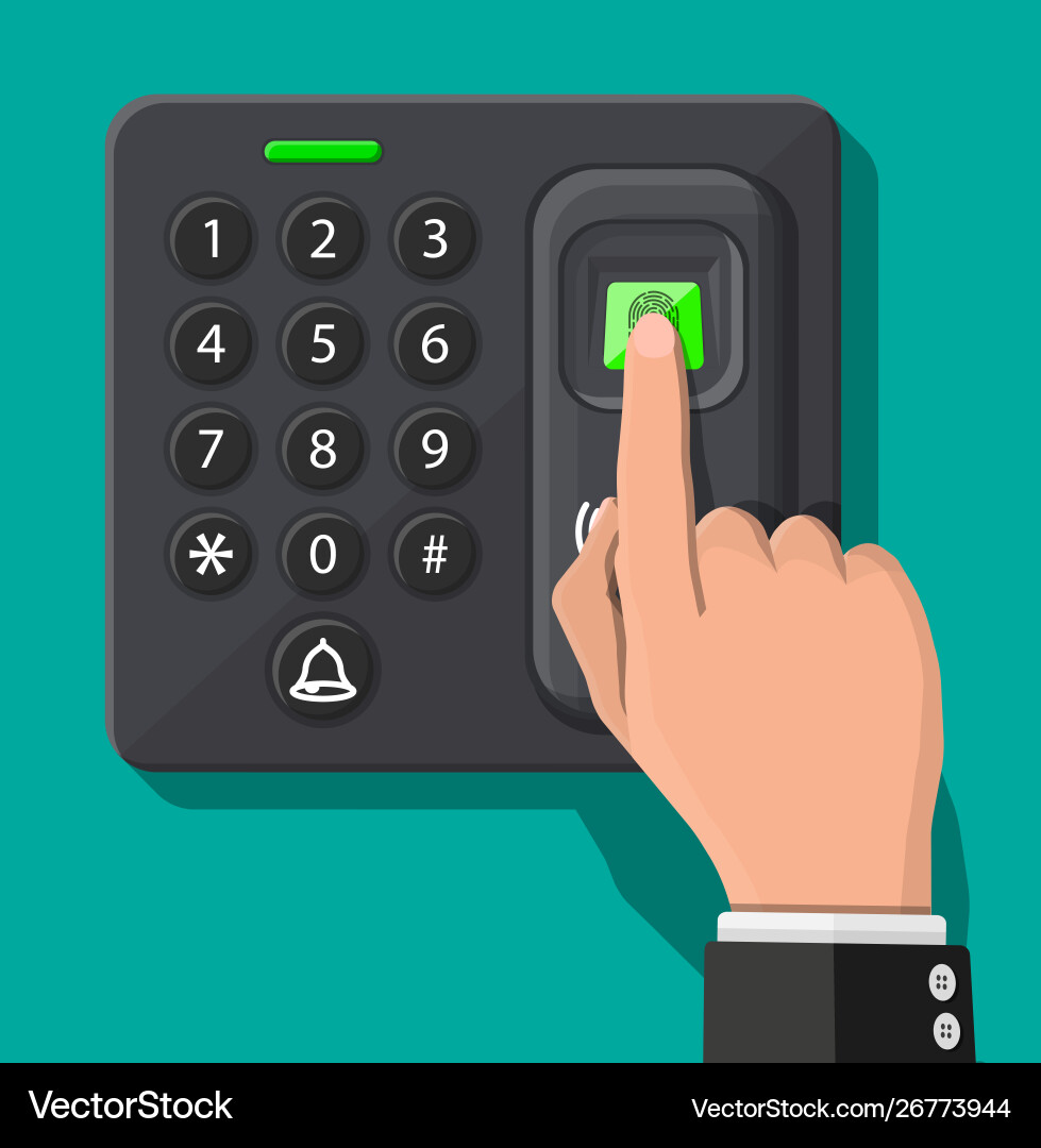 Password and fingerprint security device with hand Password and fingerprint security device with hand vector image