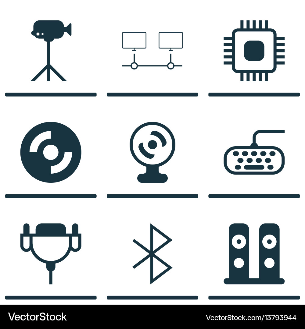 Set of 9 computer hardware icons includes chip Set of 9 computer hardware icons includes chip vector image