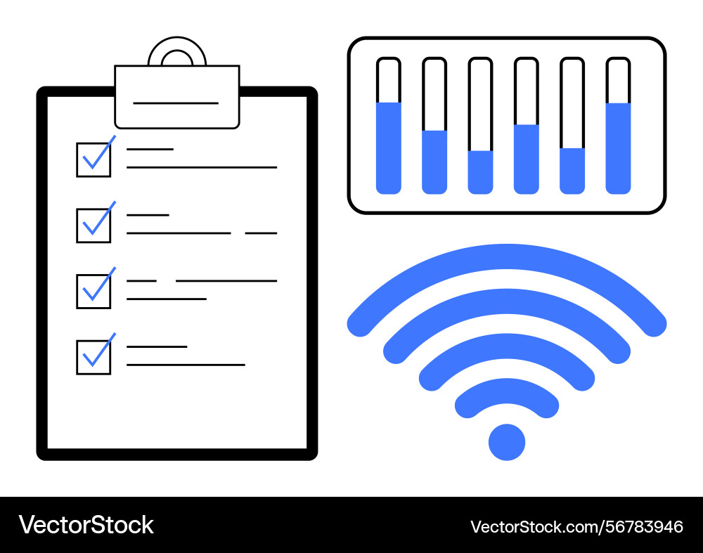 Clipboard with checklist bar chart and wireless Clipboard with checklist bar chart and wireless Vector Image