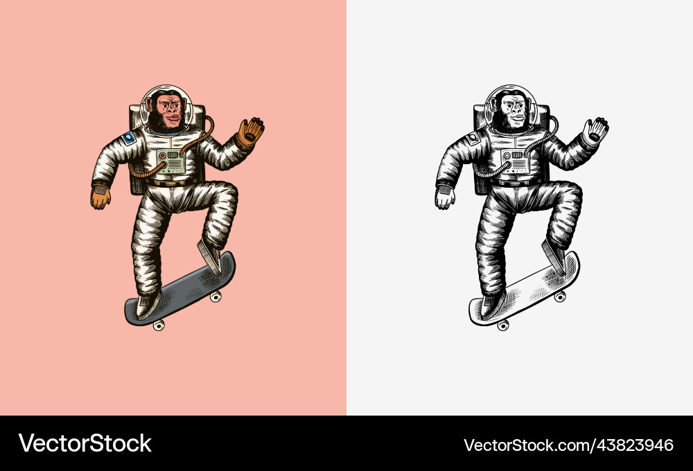 Monkey Astronaut reitet ein Skateboard Schimpanse Monkey Astronaut reitet ein Skateboard Schimpanse vektorbild
