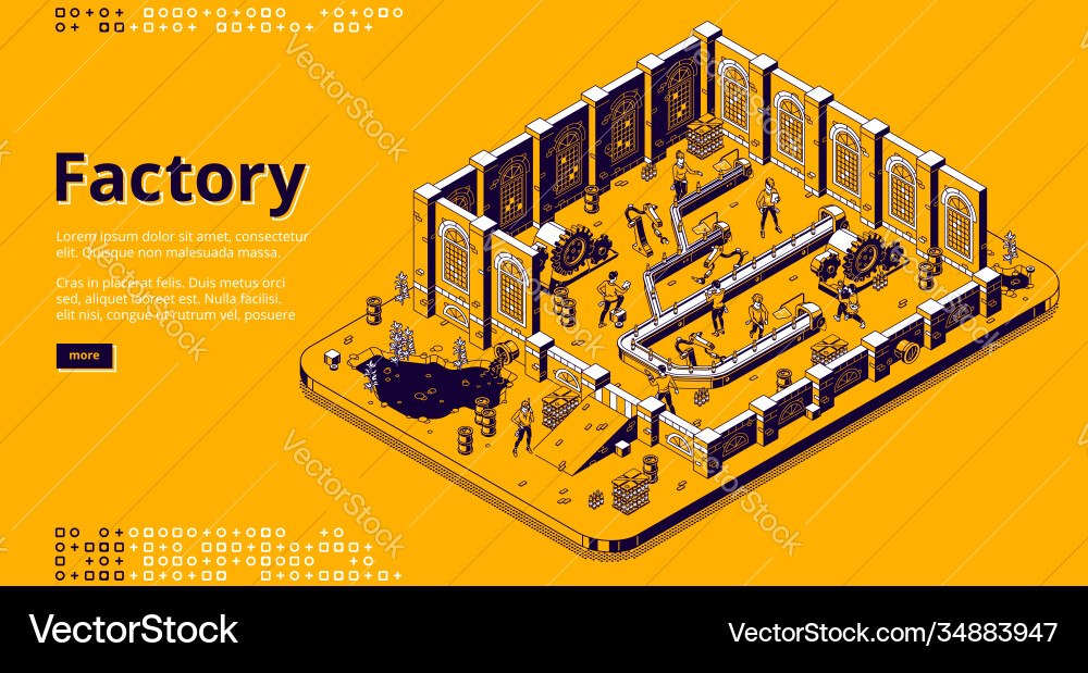 Factory isometric landing page assemble line work Factory isometric landing page assemble line work vector image