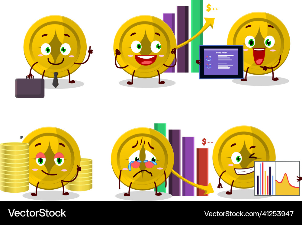 Gold coin character designs as a trader Gold coin character designs as a trader Vector Image