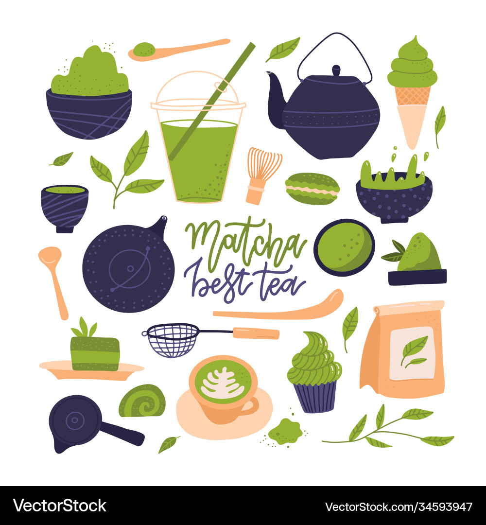 Many matcha tea products powder mochi Many matcha tea products powder mochi vector image