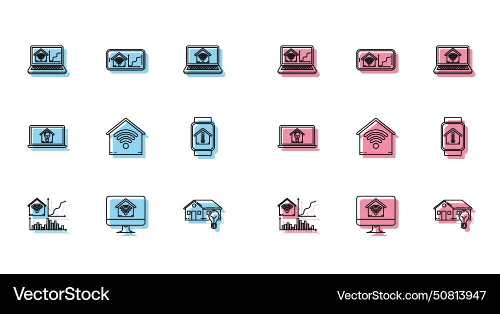 Set line smart home with wi-fi computer monitor Set line smart home with wi-fi computer monitor vector image
