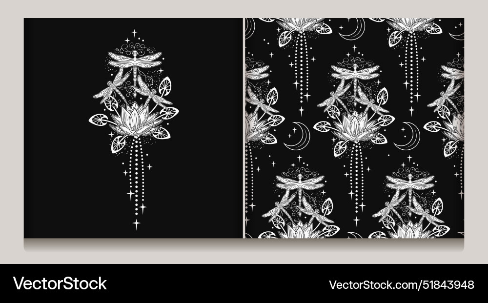Fantasy pattern label with lotus dragonflies Vector Image