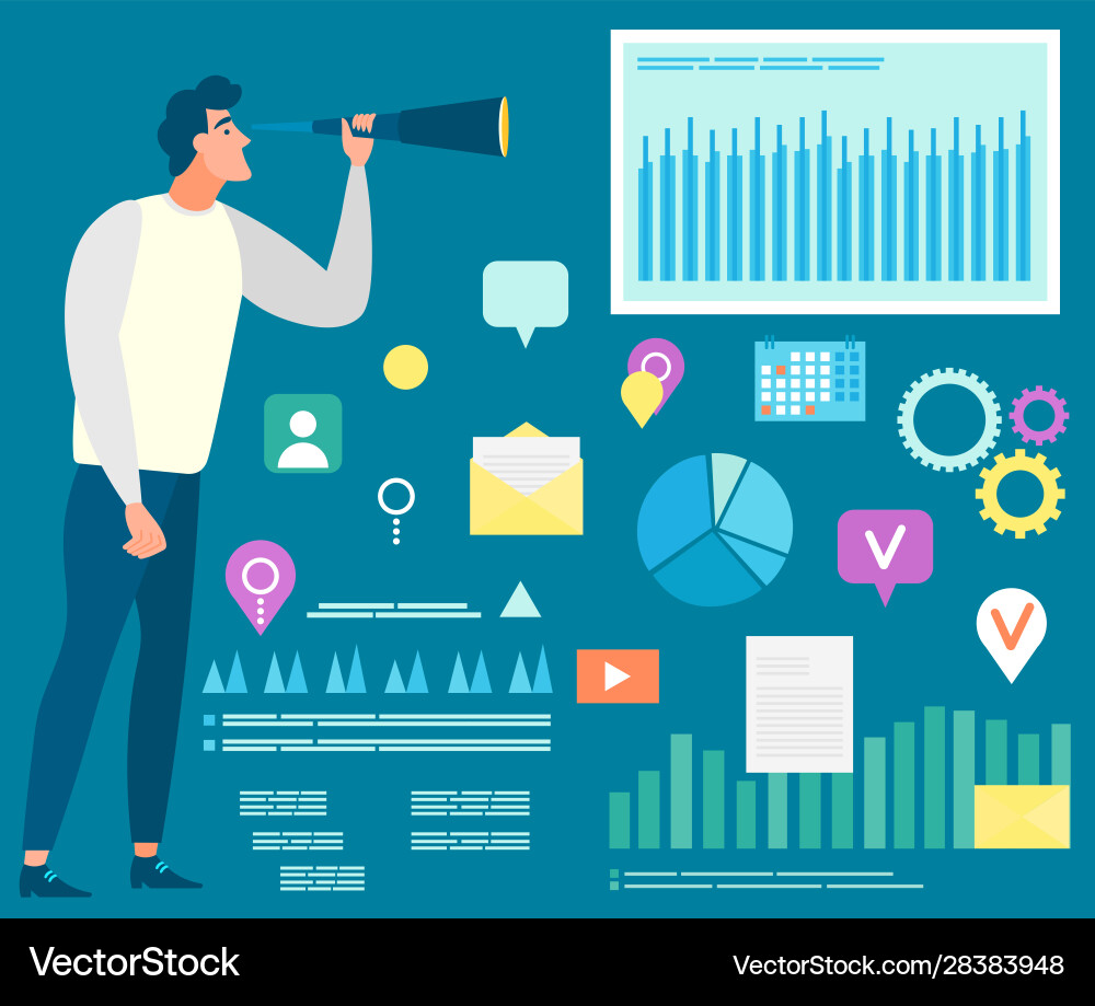 Man with charts and icons analysis statistics Vector Image