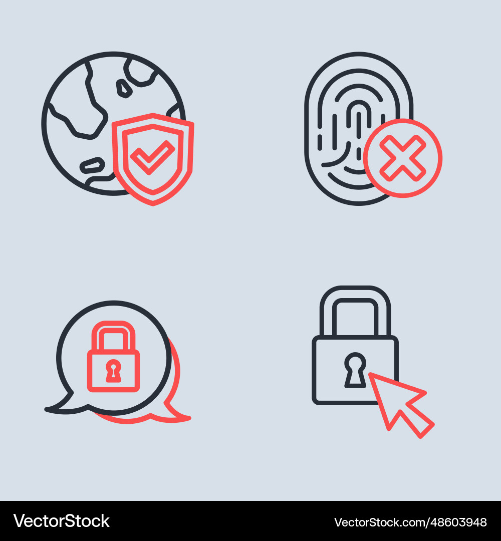 Set line cancelled fingerprint lock and shield Set line cancelled fingerprint lock and shield Vector Image