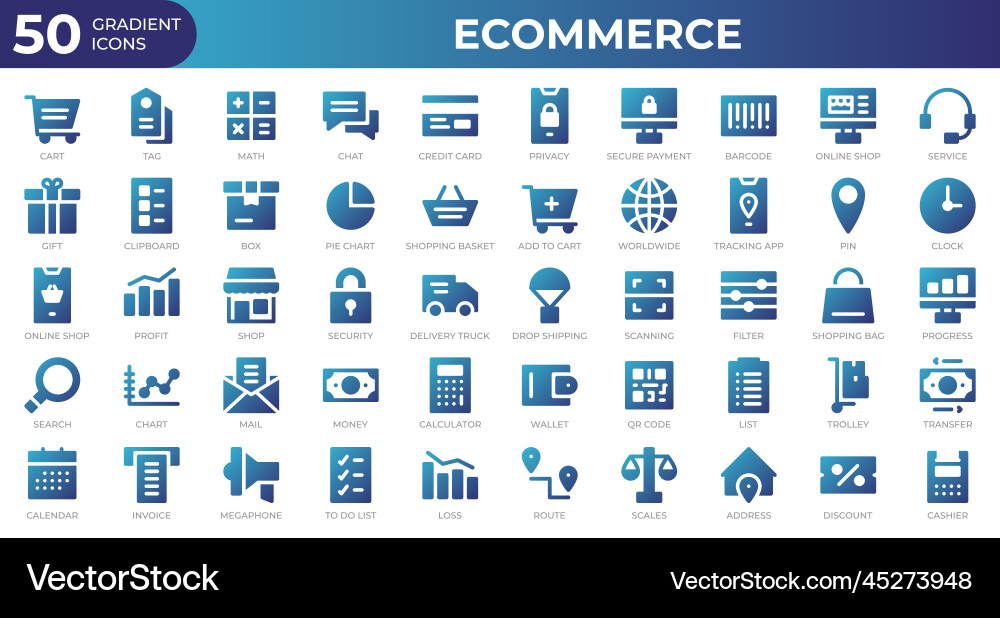 Set of 50 ecommerce web icons in gradient style Set of 50 ecommerce web icons in gradient style vector image