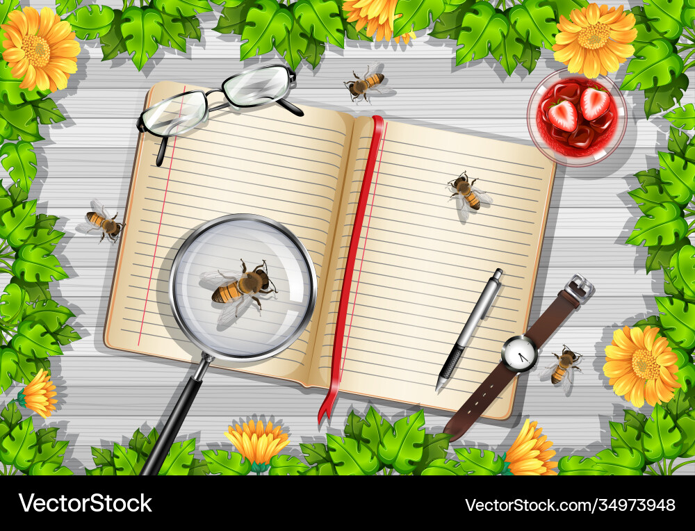 Top view wooden table with office objects Top view wooden table with office objects vector image