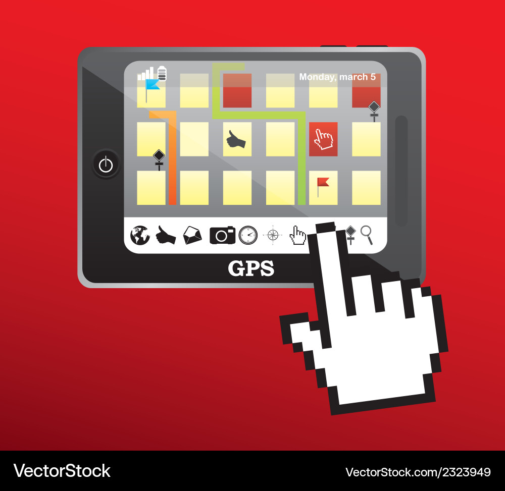 Gps with map hand cursor over red background vector image