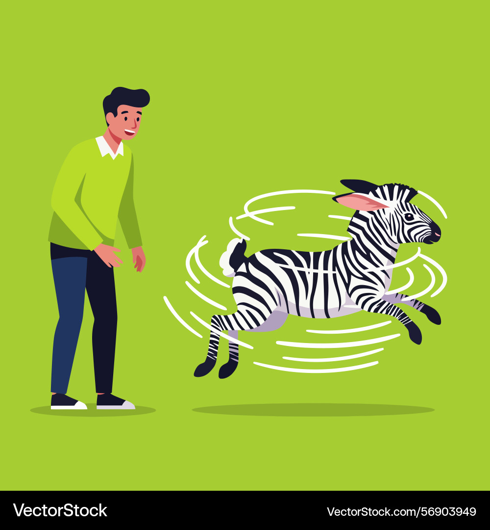 Man watching a running zebra with rabbit ears Vector Image