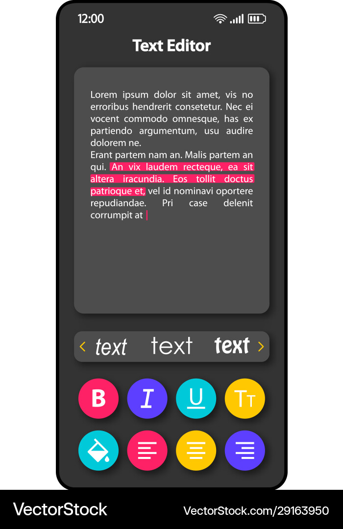 Text document editor smartphone interface Text document editor smartphone interface Vector Image