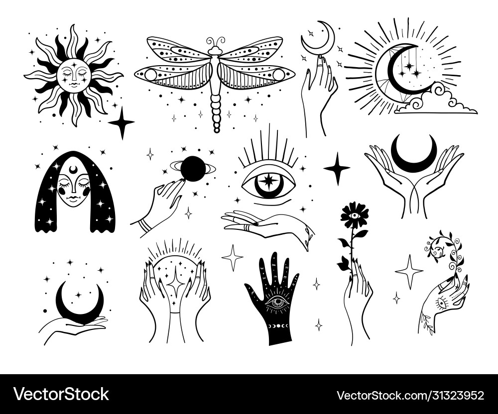 Set magic symbols witch tattoos crescent moon Set magic symbols witch tattoos crescent moon vector image