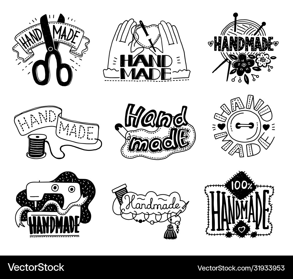 Handgefertigte und handgefertigte schwarze Etiketten Design Set Cartoon Handgefertigte und handgefertigte schwarze Etiketten Design Set Cartoon vektorbild
