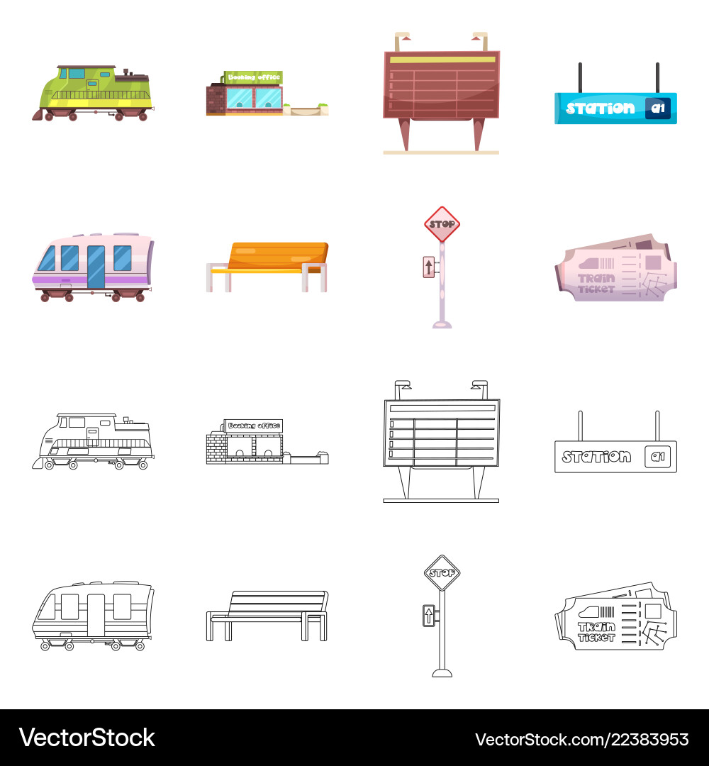 Isolated object of train and station symbol set Isolated object of train and station symbol set vector image