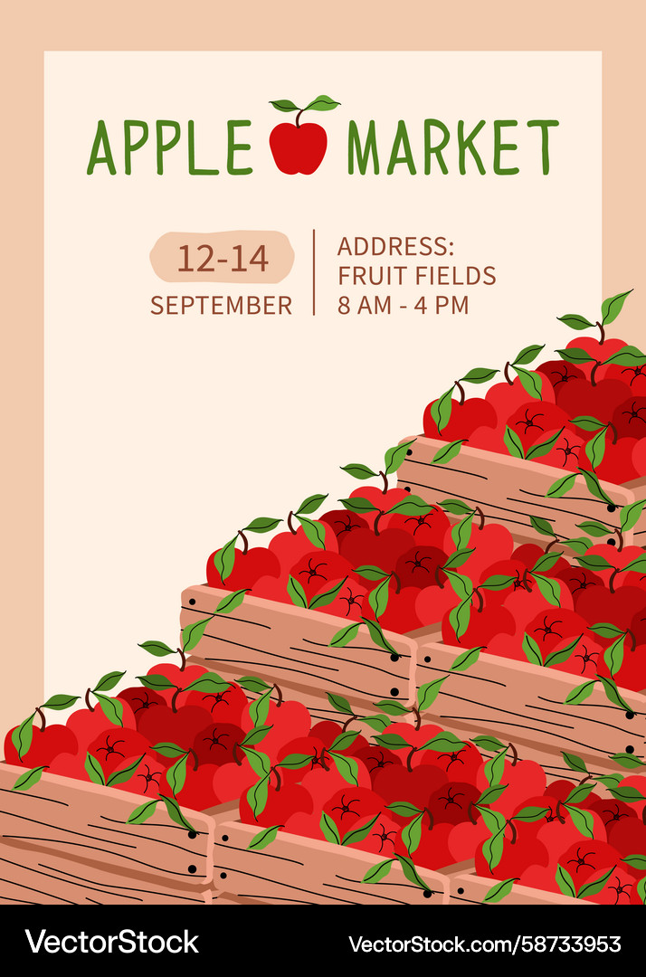 Poster for apple market event with crates of red Vector Image