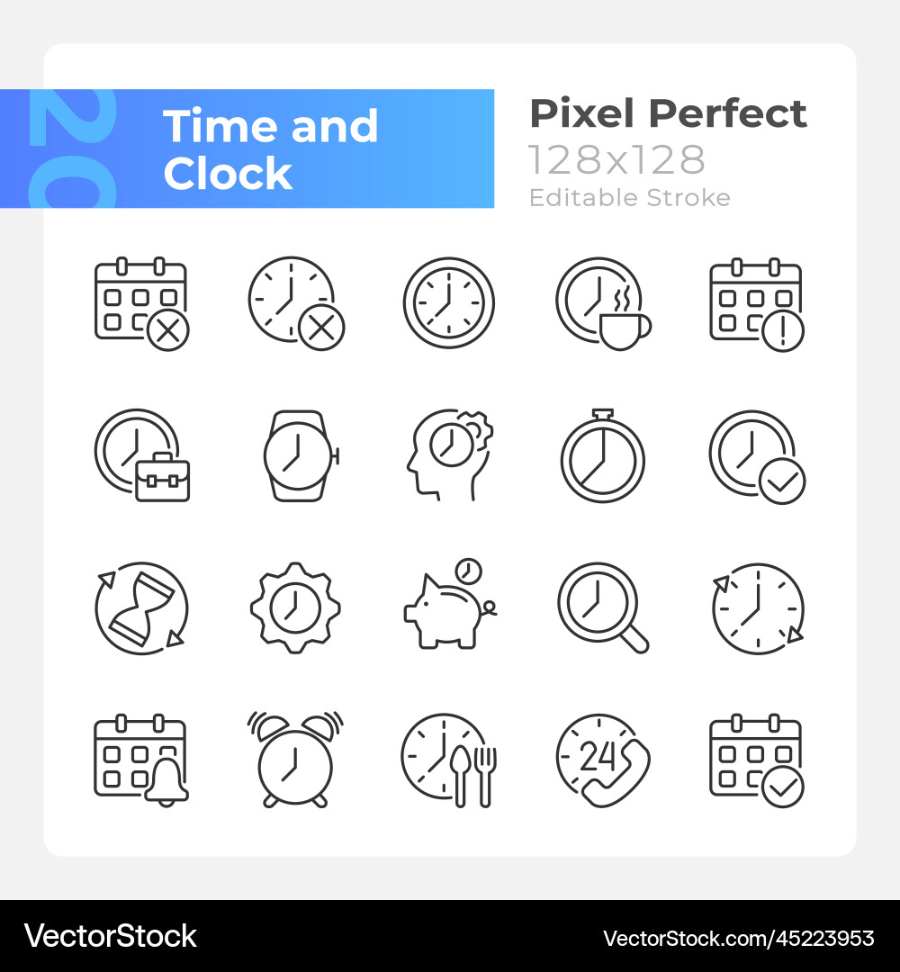 Time and clock pixel perfect linear icons set Time and clock pixel perfect linear icons set vector image