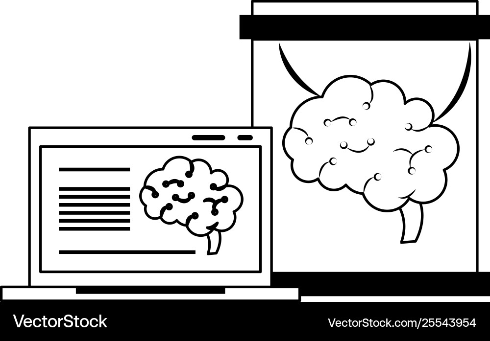 Laptop analizing brain in flask artificial vector image