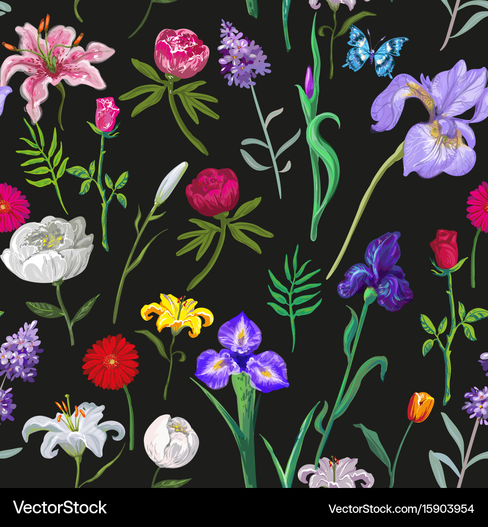 Seamless floral pattern on black background vector image