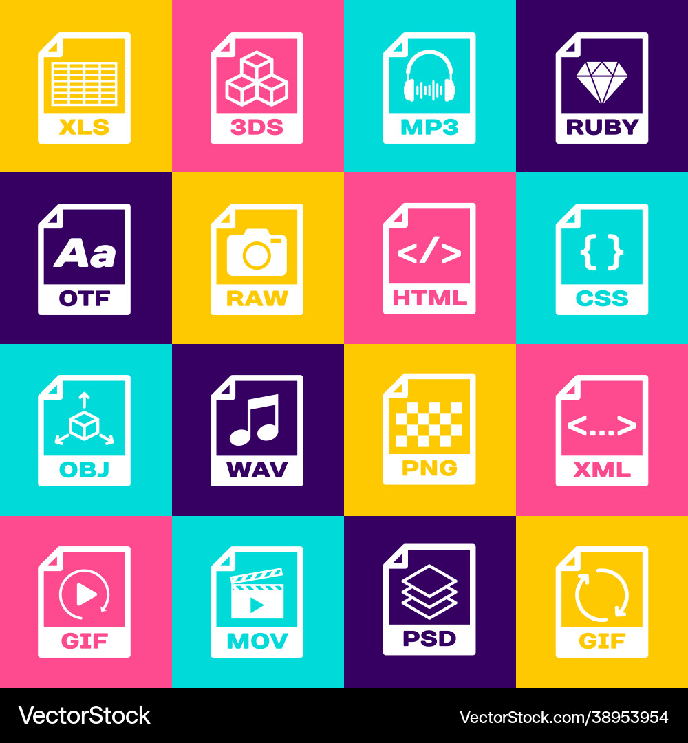 Set gif file document xml css mp3 raw and otf vector image