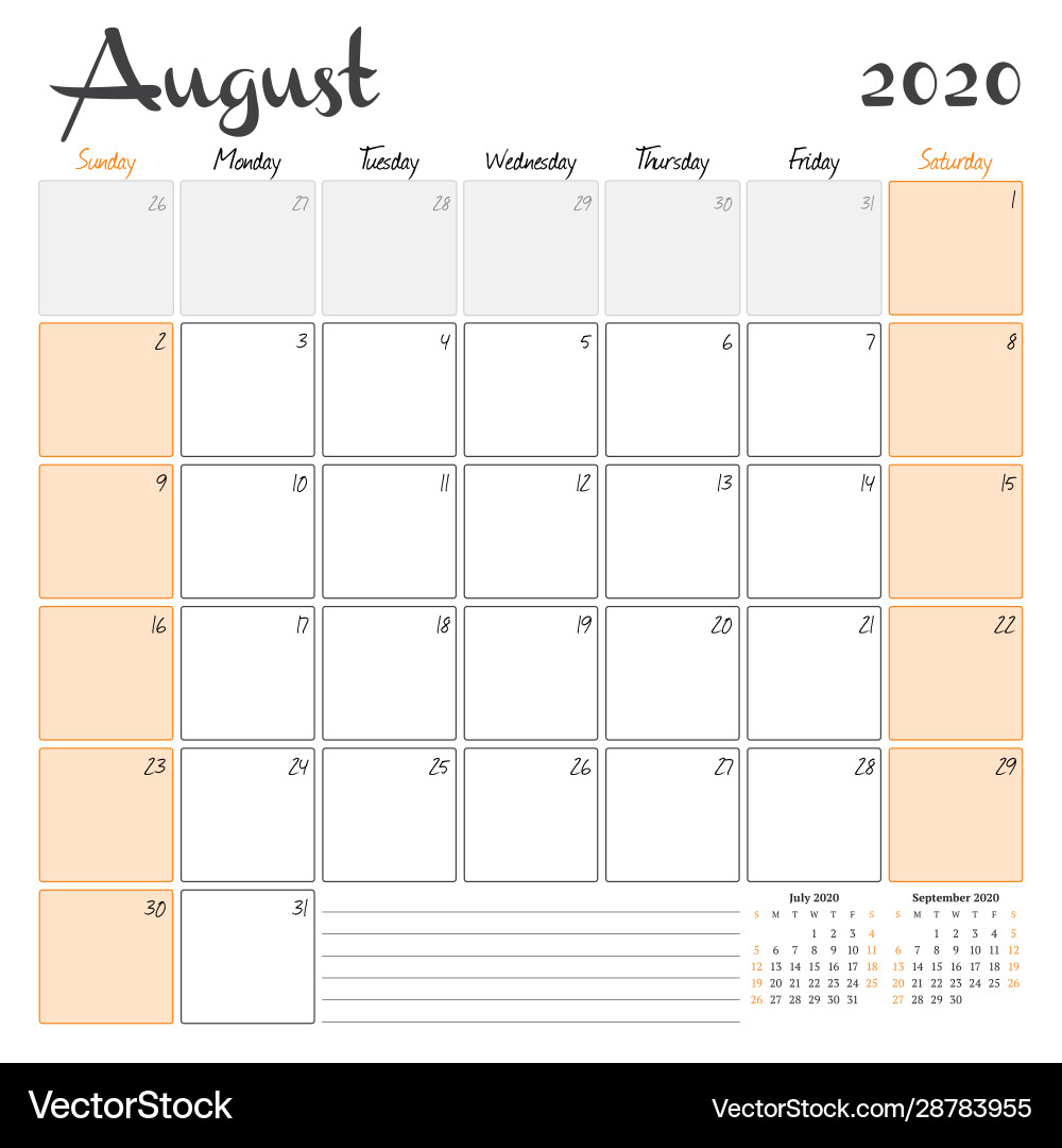 August 2020 monthly calendar planner printable August 2020 monthly calendar planner printable vector image