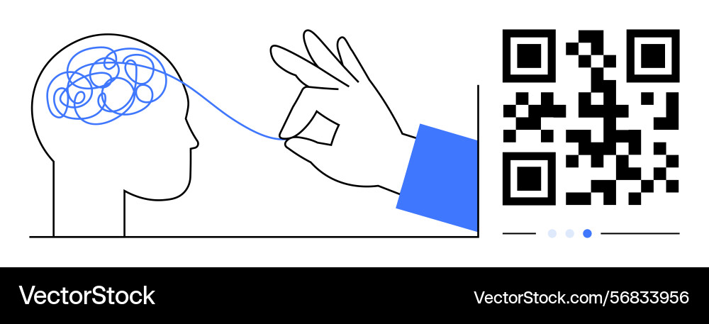 Hand untangling brain threads connected to qr code vector image