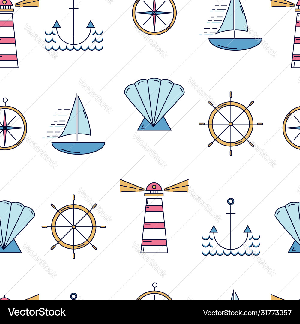 Nautical seamless pattern with linear style vector image