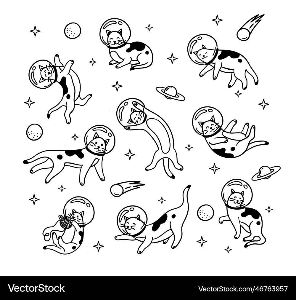 Space astronaut cute cat sign black thin line set Space astronaut cute cat sign black thin line set vector image