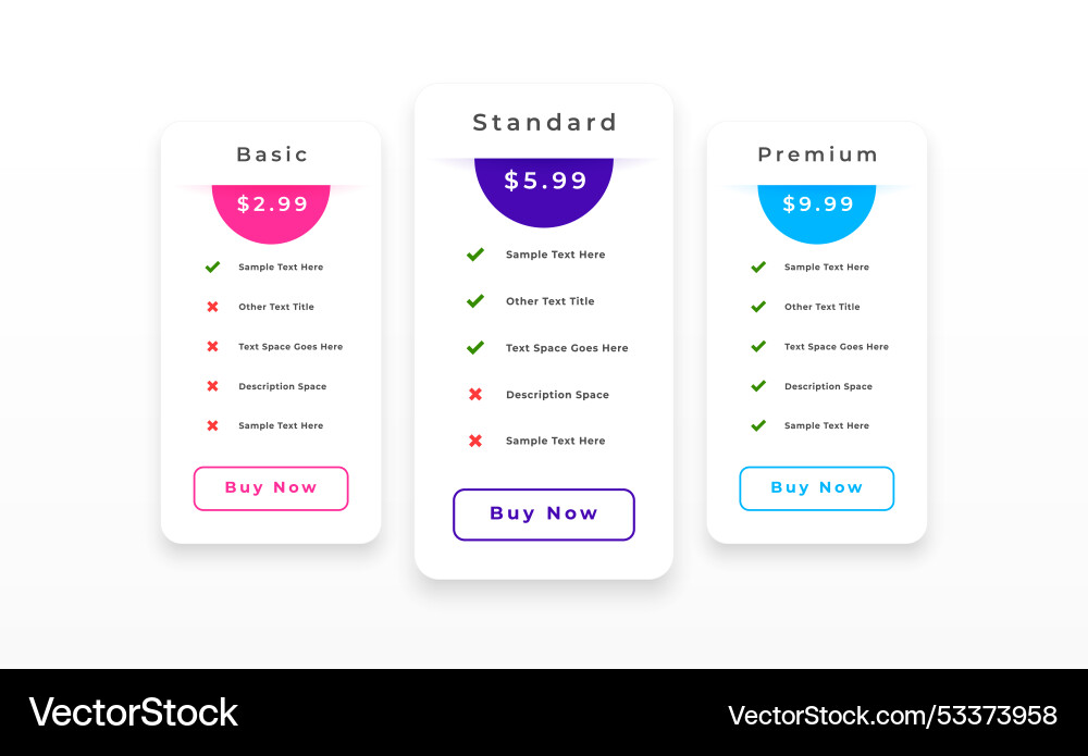 3 column pricing chart table layout for web app vector image