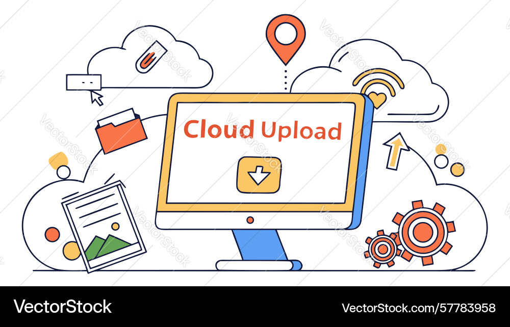 Cloud upload icon on computer screen for data vector image