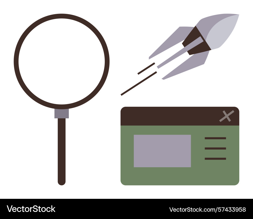 Magnifying glass rocket and window representing Vector Image
