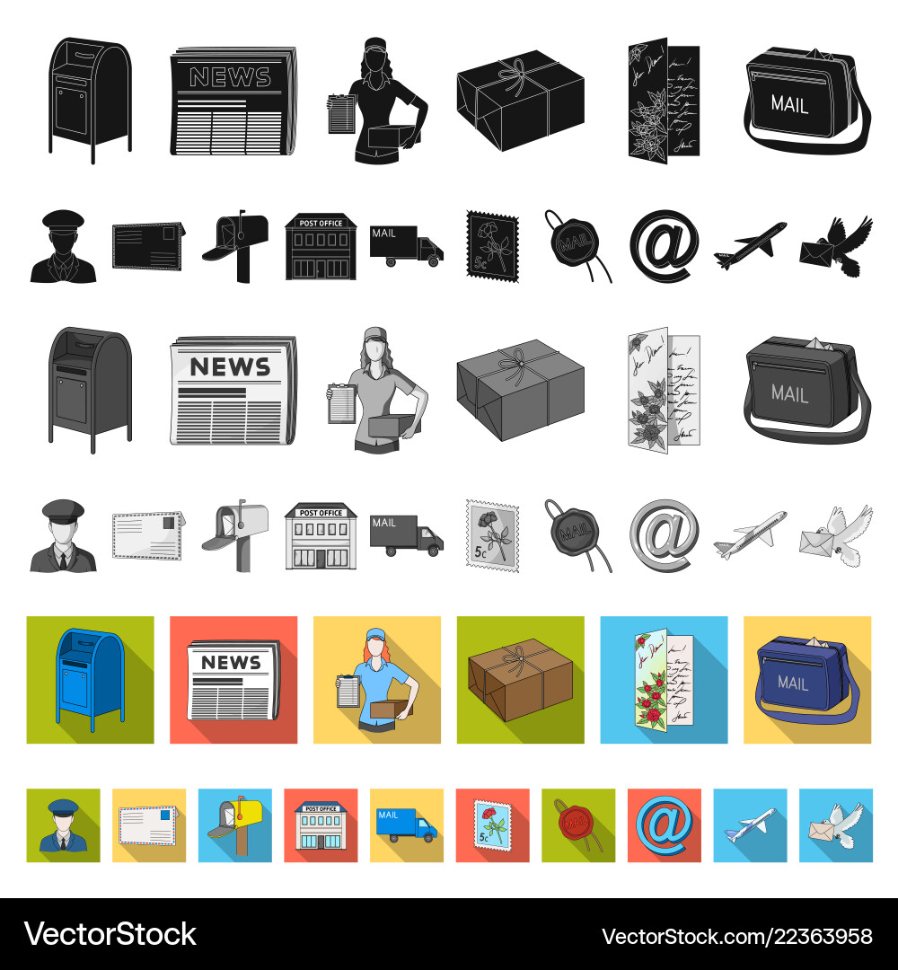 Mail and postman flat icons in set collection Mail and postman flat icons in set collection vector image