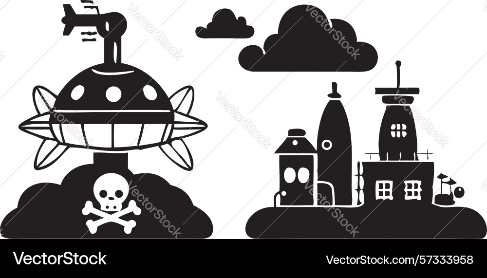 Mysterious island with skull and dark structures Vector Image