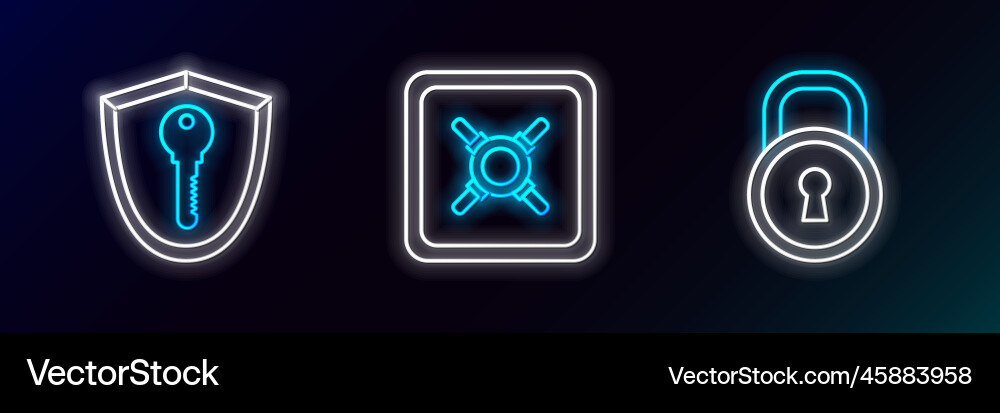 Set line lock shield with key and safe icon Set line lock shield with key and safe icon vector image