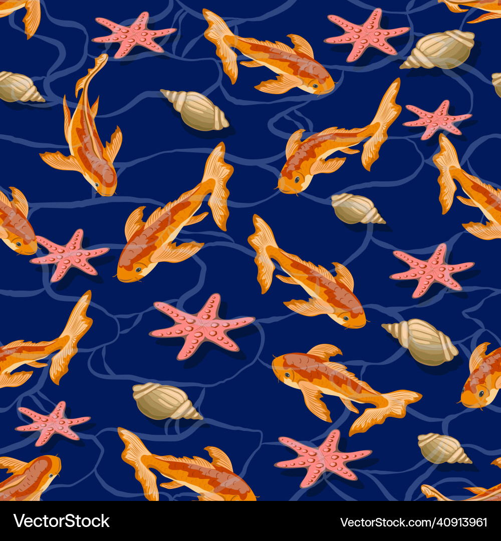 Gold fish and shells in the pattern Vector Image