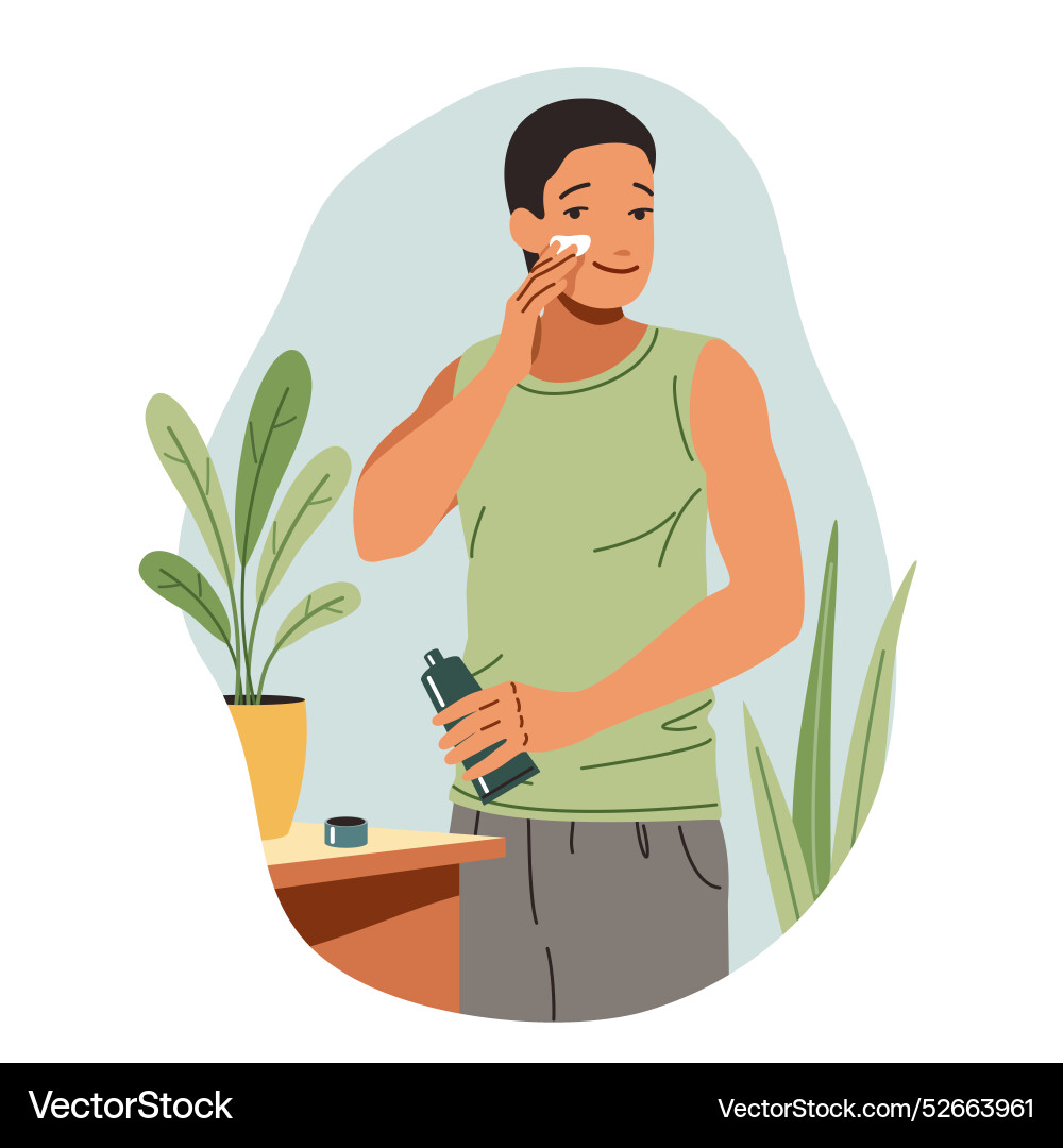 Man applying cream onto face flat color Man applying cream onto face flat color Vector Image