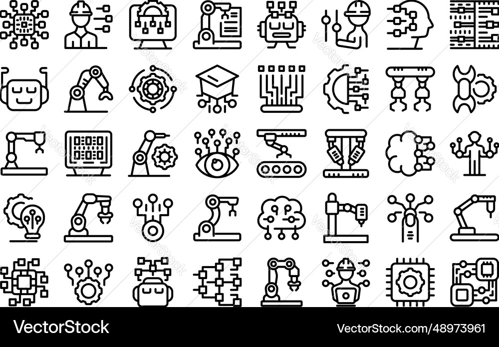 Robotic systems engineer icons set outline Robotic systems engineer icons set outline vector image