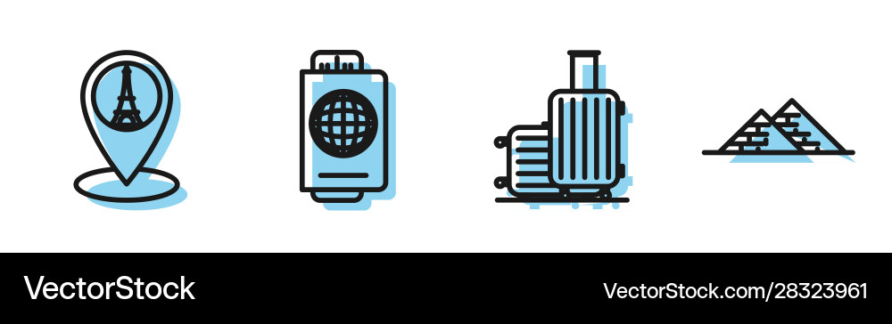 Set line suitcase for travel map pointer Set line suitcase for travel map pointer vector image