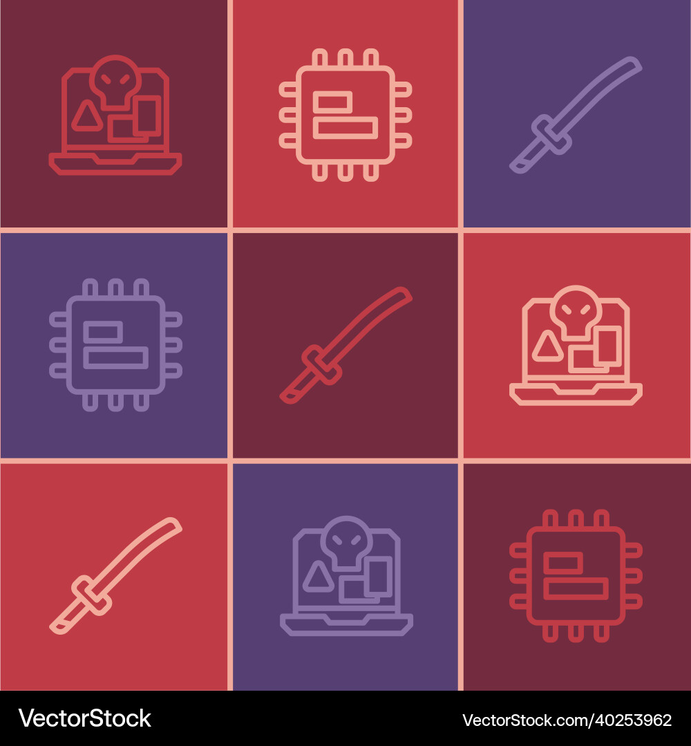 Set line internet piracy katana and processor cpu Set line internet piracy katana and processor cpu vector image