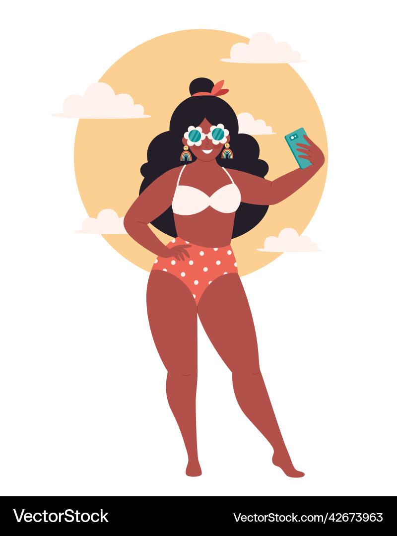 Black woman in retro glasses and swimsuit making Black woman in retro glasses and swimsuit making vector image