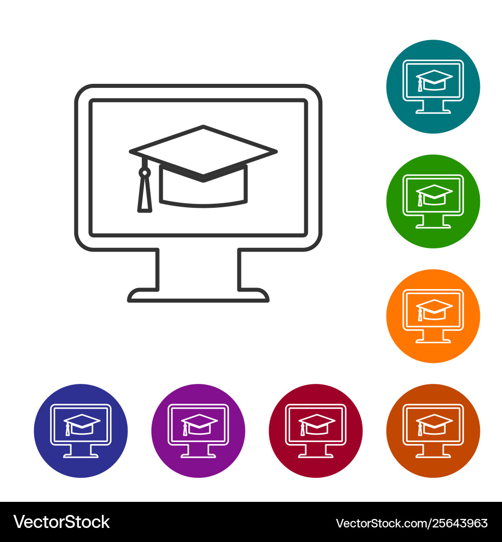 Grey computer monitor with graduation cap line Grey computer monitor with graduation cap line Vector Image