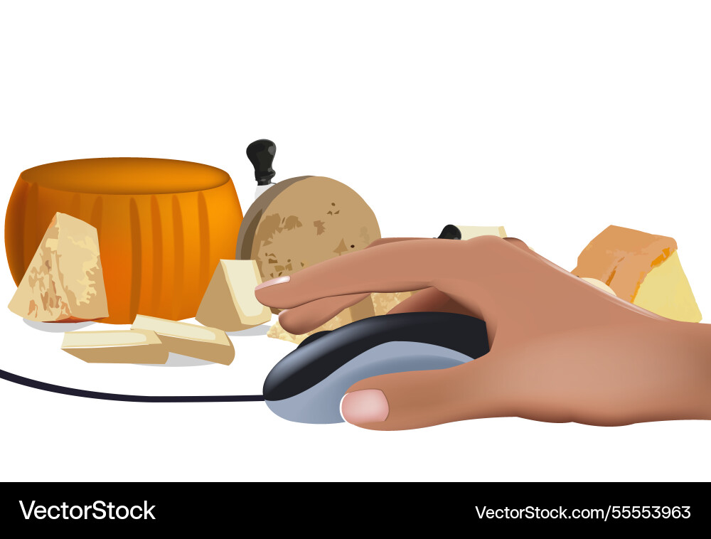 Hand using mouse with cheese displayed on white Vector Image