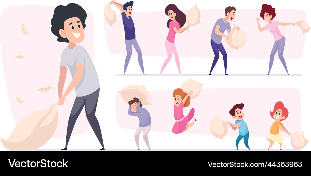 Pillow fighting characters playing with pillows vector image