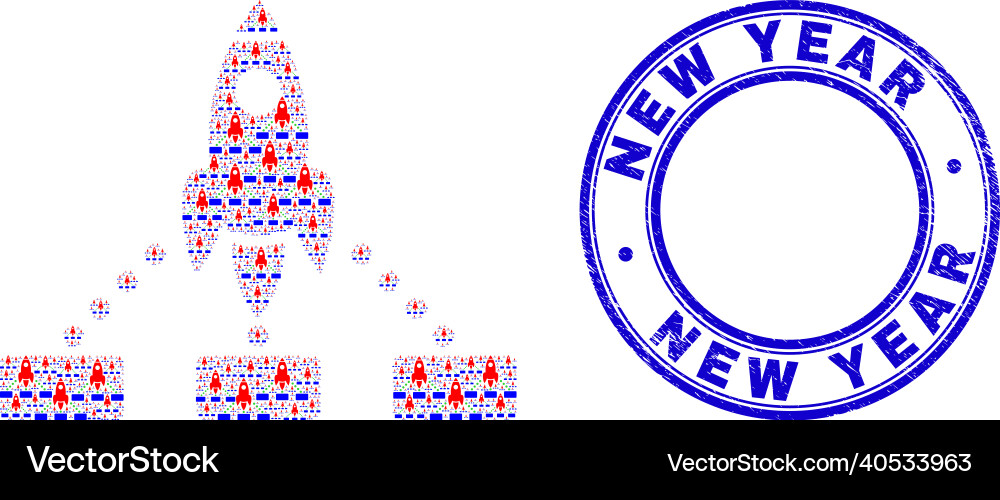 Rubber new year badge and rocket links recursive Rubber new year badge and rocket links recursive vector image