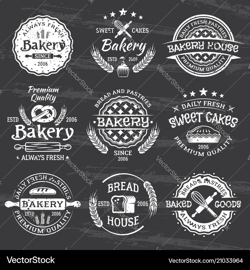 Bakery and pastries vintage white emblems Bakery and pastries vintage white emblems vector image