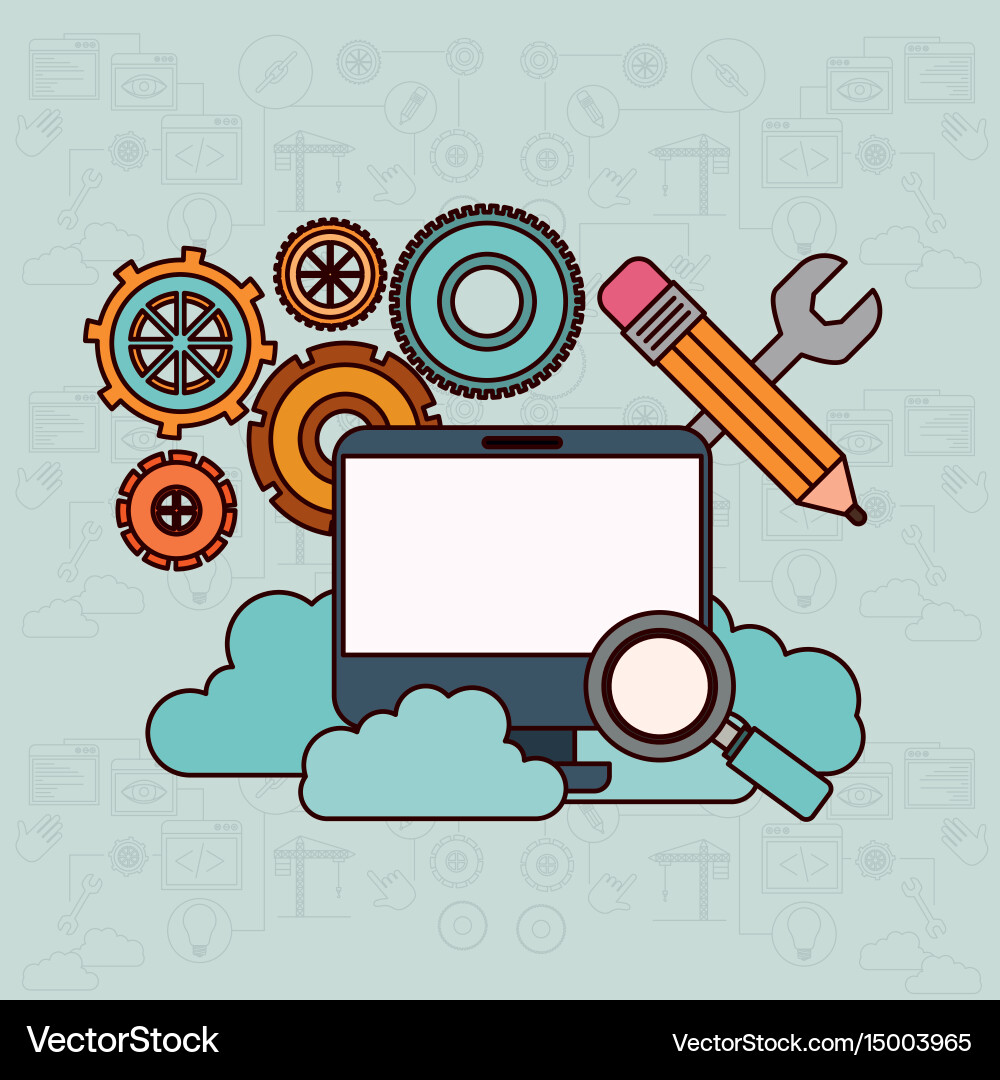 Background with desktop computer and search tools vector image